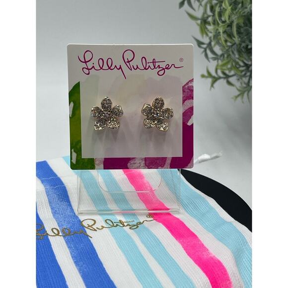Lilly Pulitzer Beach Club Blooms Pave Flower Stud Gold Tone‎ Earrings New - Picture 3 of 8